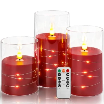 Abbildung von Da by Rote LED Kerzen mit Fernbedienung Timer Batteriekerze Lichterkette, Plexiglassäule 10cm/12,5cm/ 15 cm realistische kerze Säulenkerze