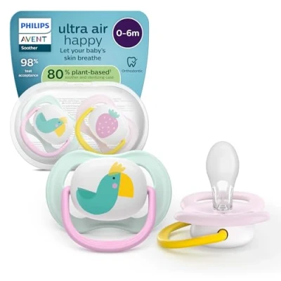 Abbildung von Philips Avent ultra air Schnuller kiefergerecht geformtes Design, für Babys, 06 Monate, weicher, symmetrischer Silikonsauger, BPA frei, mit Sterilisationsbehälter, 2er Pack, SCF080/24
