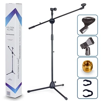 Abbildung von Heldenklang® Mikrofonständer für 2 Mikrofone Mit Schwenkarm, Mikrofonklemmen und Adapter Extra großer Tripod Standfuß einen stabilen Stand
