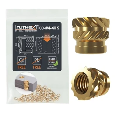 Abbildung von ruthex #4 40 SHORT Gewindeeinsatz Zoll (UNC) 100 Stück RX 4 40x3.56 Gewindebuchsen aus Messing stabile Einpressmutter durch Wärme in 3D Druck Teile Kunststoff einsetzbar