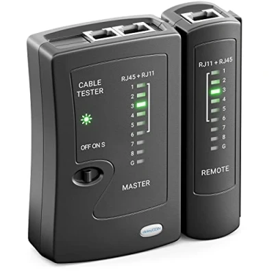 Abbildung von deleyCON Netzwerk Kabeltester RJ11 RJ12 RJ45 ISDN LAN Netzwerkkabel Patchkabel CAT6 CAT7 CAT8 Kabel Tester Leitungstester Kabelprüfer Schwarz