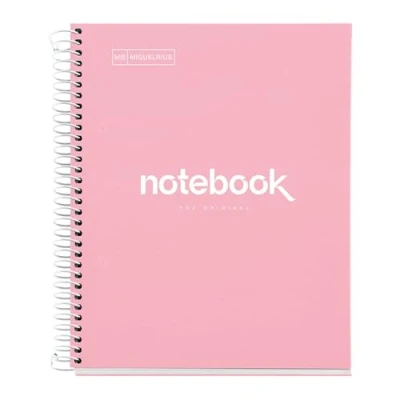 Abbildung von Miquelrius Notizbuch A5 Notebook, 1 farbiger Streifen, 80 Blatt mit raster 5 x mm, Papier 90 g/m² mikroperforiert 2 Bohrungen für Ringe, Einband aus Karton, Farbe Rosa