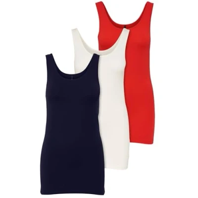 Abbildung von ONLY 3er Pack Damen Oberteile Basic Tank Tops weiß, schwarz, grau, blau, Creme Frauen Shirt lang Sommer Shirts Top 15201465 (L, FarbMix 5)