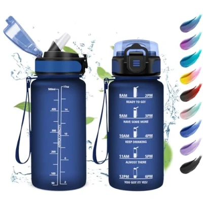 Abbildung von Trinkflasche 500ml, Wasserflasche mit Strohhalm, Sport Trinkflaschen Kohlensäure Geeignet, Zeitmarkierungen, Auslaufsicher für Sports, Schule, Junge, Mädchen, Büro