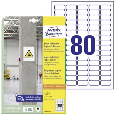 Abbildung von AVERY Zweckform L7872 20 stark haftende Etiketten (1.600 Aufkleber, 35,6x16,9mm auf A4, extrem selbstklebend, auch für schwierige Oberflächen, bedruckbare Power Klebeetiketten) Blatt, weiß