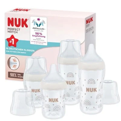 Abbildung von NUK Perfect Match Babyflaschenset Ab 3 Monate Passt sich dem Baby an Temperature Control Anti Colic 150 ml und 260 BPA frei Silikontrinksauger Regenbogen 4 Stück
