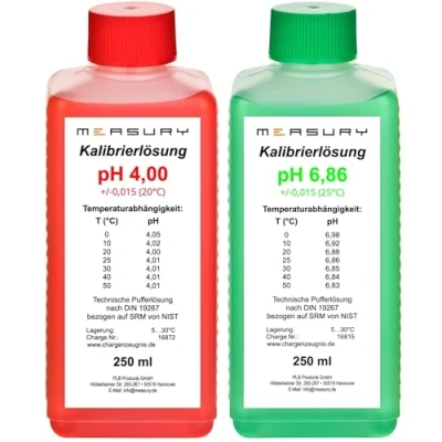 Abbildung von Measury pH Kalibrierlösung 4.00 und 6.86, Pufferlösung je 250ml, Eichlösung Rot/Grün, Kalibrierflüssigkeit Set Eichflüssigkeit