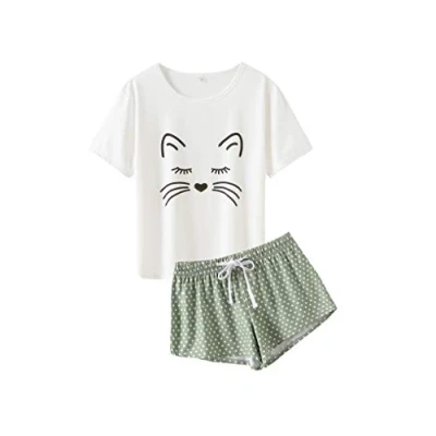 Abbildung von MyFav Frauen Schlafanzug Sanft gemütlich Karikatur Katze Kurzarm Homewear Pyjama Set, Grün, X Small