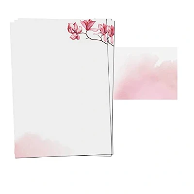 Abbildung von 25er Set PRESENTOU Briefpapier beidseitig bedruckt 120 Gramm Papier Motivpapier Urkundenpapier Urkunde Speisekarte Liebesbrief (Aquarell Blumen Rosa, 25 + Bögen Umschläge)