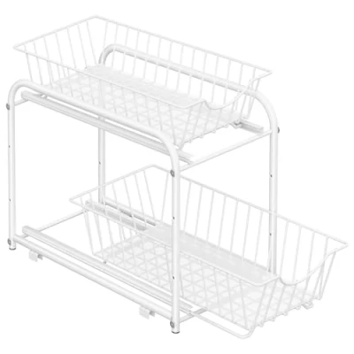 Abbildung von SONGMICS Küchen Organizer, Küchenregal, Ordnungssystem, 2 Ebenen, stapelbar, erweiterbar, mit Metallkörben, für Küche, Badezimmer, mattweiß KCS017W01V1