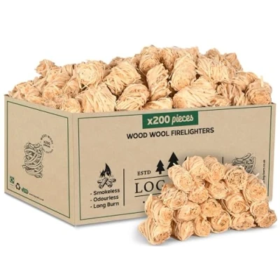 Abbildung von Log Barn Natürliche Anzündwolle 200 Stück, Öko Anzünder Holzwolle für Holzöfen, Pizzaöfen, offene Feuer, Kaminanzünder und Grillanzünder Echtes Anfeuerholz