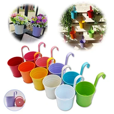 Abbildung von GIOVARA Blumentöpfe zum Aufhängen, Blumentopf Hängend aus Metall, Bunt Hänge für Balkon, Zaun, Garten, Wand, Robuster Hängetopf mit Abnehmbarem Haken &amp; Ablaufloch, 10 Set