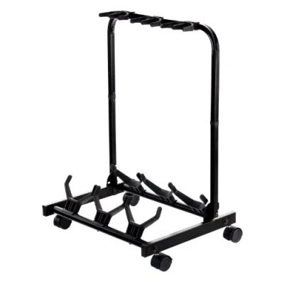 Abbildung von Rocktile Multistand 3 Fach Gitarrenständer Mehrfach Gitarrenhalter für Klassik Gitarre, Akustik E Bass Gitarrenstativ klappbar mit Rollen Saiteninstrumente Multi Stativ