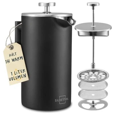 Abbildung von SILBERTHAL French Press Thermo 1 Liter Kaffeebereiter Edelstahl Doppelwandig isolierte Kaffeepresse Ideal fürs Verschenken an Kaffeeliebhaber