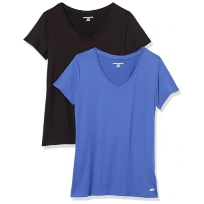 Abbildung von Amazon Essentials Damen Tech Stretch T Shirt mit kurzen Ärmeln und V Ausschnitt (erhältlich in Übergröße), 2er Pack, Kräftiges Blau/Schwarz, XS