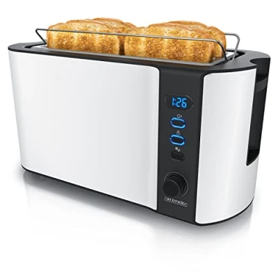 Abbildung von Arendo Edelstahl Toaster Langschlitz 4 Scheiben, Defrost Funktion, Wärmeisolierendes Gehäuse mit integriertem Brötchenaufsatz 1500W Krümelschublade, Display Restzeitanzeige weiß matt