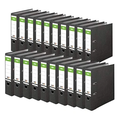 Abbildung von Original DINOR Ordner Wolkenmarmor Recycling Made in Germany. 20er Pack 8 cm breit DIN A4 schwarz Aktenordner Briefordner Büroordner Pappordner Schlitzordner Grüner Balken Blauer Engel