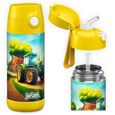 Abbildung von JARLSON® Trinkflasche Kinder Edelstahl &quot;CHARLI&quot; mit Strohhalm Thermosflasche 350ml TÜV geprüft BPA frei auslaufsicher Thermo Wasserflasche für Schule, Kindergarten Traktor, 350 ml