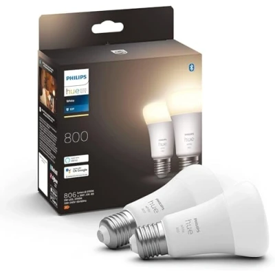 Abbildung von Philips Hue White E27 Lampe Doppelpack 2x805lm, dimmbar, warmweißes Licht, steuerbar via App, kompatibel mit Amazon Alexa (Echo, Echo Dot)