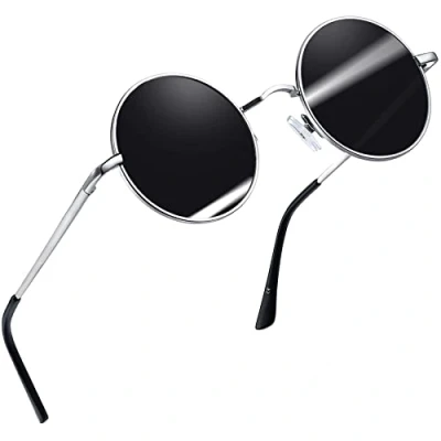 Abbildung von Joopin Runde Sonnenbrille für Herren Vintage Polarisierte Schwarz und Hippie Damen UV400 Schutz (Silber Schwarz)