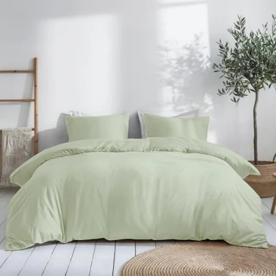 Abbildung von Dreamzie Bettwäsche Set 200x200 Mako Satin Grün Bettbezüge cm mit 2 Kissenbezüge 80x80 Oeko Tex Zertifiziert Baumwolle 3teilig