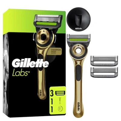Abbildung von Gillette Labs mit Reinigungselement, Rasierer für Männer Champion Gold Edition, 1 Handstück 3 Ersatzklingen, Wandhalterung einfache Lagerung