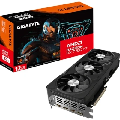 Abbildung von Gigabyte Radeon RX 7700 XT Gaming OC 12GB Grafikkarte GDDR6 192 Bit, Windforce Kühlsystem, Metallrückplatte, DP 2.1, HDMI AMD RDNA 3 Architektur, GV R77XTGAMING 12GD
