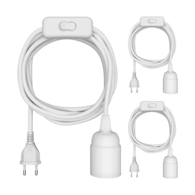 Abbildung von ledscom.de 3 Stück Textilkabel LEHA, Stecker, Schalter, weiß, m, Lampen Fassung, 1x E27 max. 60W