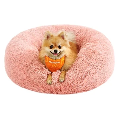Abbildung von Feandrea Hundebett flauschig, Katzenbett, Donut Kissen, waschbar, Polsterung in der Mitte herausnehmbar, Langer Plüsch, 60 cm Durchmesser, rosa PGW038P01
