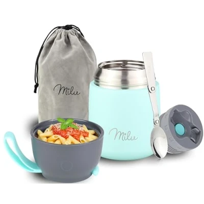 Abbildung von Milu® Thermobehälter 450, 650ml Edelstahl Warmhaltebehälter Essensbehälter Speisegefäß Babynahrung Essen warmhalten Behälter Thermo Lunchbox Müsli to go Mint, 450ml