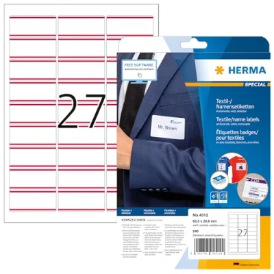 Abbildung von HERMA 4512 Namensetiketten ablösbar, 20 Blatt, 63,5 x 29,6 mm, 27 pro A4 Bogen, 540 Stück, selbstklebend, bedruckbar, rückstandsfrei abziehbare Acetatseide Namensaufkleber Etiketten, weiß rot