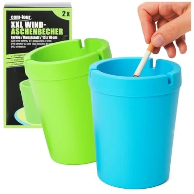Abbildung von com four® 2x XXL Aschenbecher für draußen Windaschenbecher Sturmaschenbecher mit Deckel Autoaschenbecher, Ø 10 cm (grün + blau)