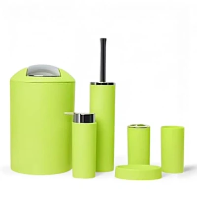 Abbildung von 6tlg Badset Badezimmer Zubehör Set Organizer: Seifenspender, Zahnputzbecher, Kosmetikeimer, WC Bürste und Halter, Seifenschale, Mülleimer, Zahnbürstenhalter, Badgarnitur (Grün Design 2)