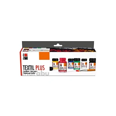 Abbildung von Marabu 1715000000087 Textil plus Starter Set, volldeckende Stoffmalfarbe für dunkle Stoffe, auf Wasserbasis, waschbeständig bis 40C, Stoffmalerei und Stoffdruck, 6 x 15 ml Farbe Pinsel