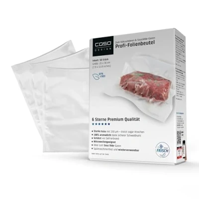 Abbildung von CASO 6 Sterne Profi Folienbeutel 20 x 30 cm, 50 Beutel, für alle Vakuumierer, SousVide geeignet, wiederverwendbar, stark und reißfest ca.150 μm, 100% aromadicht, Schutz vor Gefrierbrand