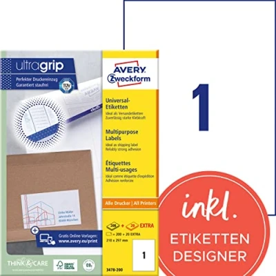 Abbildung von AVERY Zweckform 3478 200 Universal Etiketten (200 plus 20 Klebeetiketten extra, 210x297mm auf A4, bedruckbare Versandetiketten, selbstklebende Versandaufkleber mit ultragrip) 220 Blatt, weiß