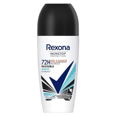 Abbildung von Rexona Nonstop Protection Deo Roll On Invisible Aqua Anti Transpirant mit 72 Stunden und Schweiß Schutz gegen weiße Rückstände gelbe Flecken auf der Kleidung 50 ml