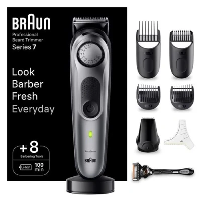 Abbildung von Braun Barttrimmer, Trimmer/Haarschneider Herren, Haarschneidemaschine Profi, 40 Einstellungen, Ladestation, Reiseetui, Bartschablone, 100 Min. kabellose Laufzeit, BT7420