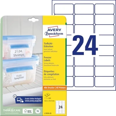 Abbildung von AVERY Zweckform L7970 25 Tiefkühletiketten (600 Aufkleber, 63,5x33,9mm auf A4, selbstklebend, temperaturbeständige und tiefkühlfeste Klebeetiketten für Gefriergut, bedruckbar) Blatt, weiß