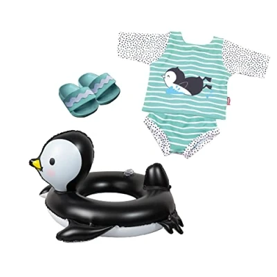 Abbildung von Heless 11 Schwimm Set für Puppen im Pinguin Pünktchen Design, 4 teilig mit Outfit, Badeschlappen und Ring, Größe ca. 35 45 cm, Bade Spaß an heißen Sommertagen