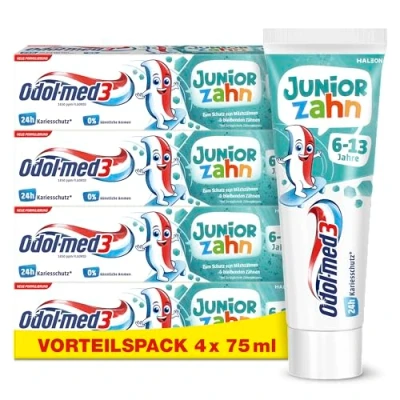 Abbildung von Odol med3 Juniorzahn Zahnpasta, Zahncreme für Kinder ab 6 Jahren zum Schutz von Milchzähnen und bleibenden Zähnen, 4x 75ml