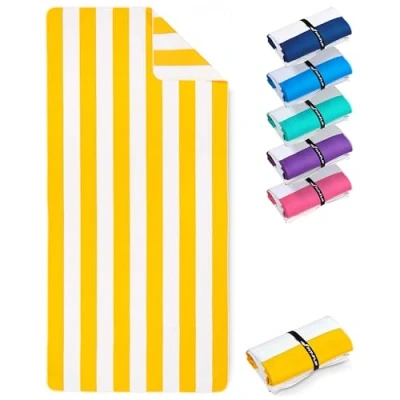 Abbildung von Fit Flip Strandtuch XXL Mikrofaser Badetuch Strandtücher leicht und schnelltrocknend 100% recyceltes Handtuch Strandhandtuch zum Baden (Zitronengelb Weiß gestreift 200x90cm)