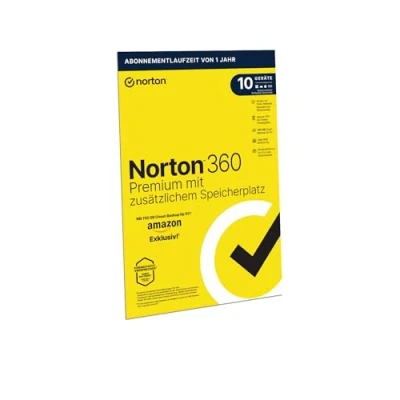 Abbildung von Norton 360 Premium mit extragroßer Backup Kapazität Amazon Exklusiv* 75GB zusätzlicher Cloud Speicher. Antivirus Software für 10 Geräte und einem Jahr Laufzeit
