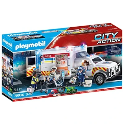Abbildung von PLAYMOBIL City Action 70936 Rettungs Fahrzeug: US Ambulance mit abnehmbarem Dach, öffenbare Heck und Seitentür, beleuchtetem Monitor, Blinklicht Original Rettungswagen Sirenen Sound, ab 5 Jahren