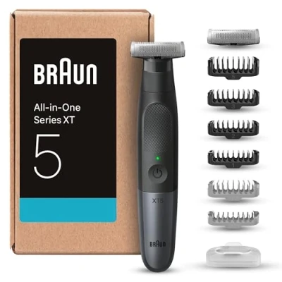Abbildung von Braun Series X Barttrimmer/ Bodygroomer / Elektrorasierer Haarschneidemaschine Profi (recycelbare Verpackung), 6 Aufsätze für 3 Tage Bart, Körper, Intimbereich, Bartschneider, Reisebeutel, XT5270