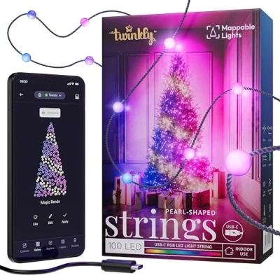 Abbildung von Twinkly Strings USB C Pearls 100 LED, LED Lichterkette in Perlenform, RGB Lichter Mehrfarbig, Kompatibel mit Alexa und Google Home, Weihnachtsdeko, Stromversorgung C, Grünes Kabel, 6m
