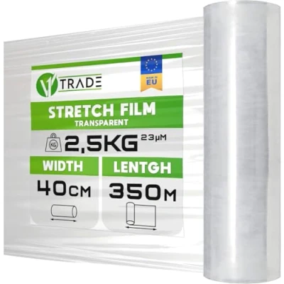Abbildung von V1 Trade Stretchfolie Transparent Folie für Möbel Hand Umzugfolie 350m x 40 cm Stretchfolienrolle Transparentfolie 23my Verpackungsfolie auf Rolle Wickelfolie Umzugsfolie Dehnung 250%