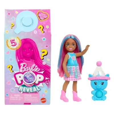 Abbildung von Barbie Pop Reveal Chelsea Puppe, Shakes Serie, mit 5 Überraschungen, darunter eine duftende kleine it Haustier und Farbwechsel (Stile können abweichen), JCN89