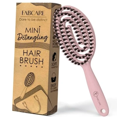 Abbildung von FABCARE Bio Mini Haarbürste Wildschweinborsten rund inkl. ebook Entwirrungsbürste mit Doppelspiralfeder ohne Zupfen für jeden Haartyp Damen (Rosa)