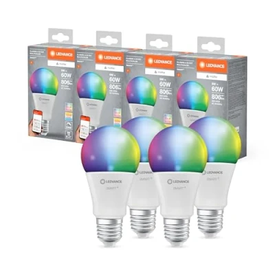 Abbildung von Ledvance SMART+ MATTER LED Lampe, kompatibel mit Google, Alexa, Apple, weiße Frost Optik, 9W, 806lm, E27, Farblicht und Weißlicht, App oder Sprachsteuerung, bis zu 20.000 Std. Lebensdauer, 4 Pack